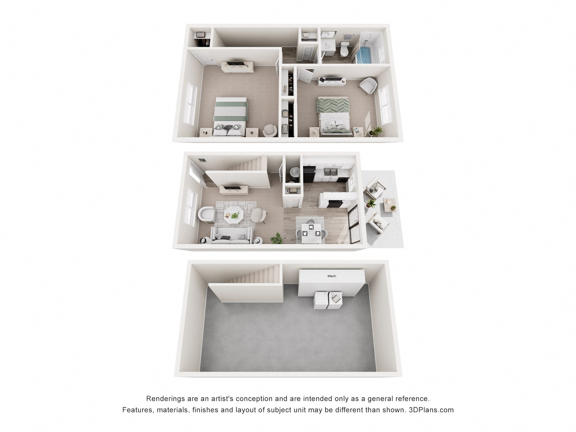 Floor plan for 2 beds, 1.5 baths, 950 sqft